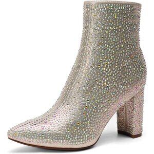 Dream Pairs Women's Gold Pointed Toe Fur Lining Block Heel Ankle Booties